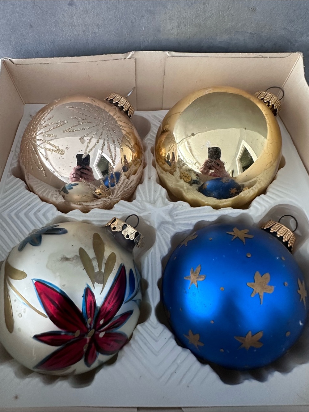BOX OF Four Vintage West Germany Glass Christmas Ornaments LARGE